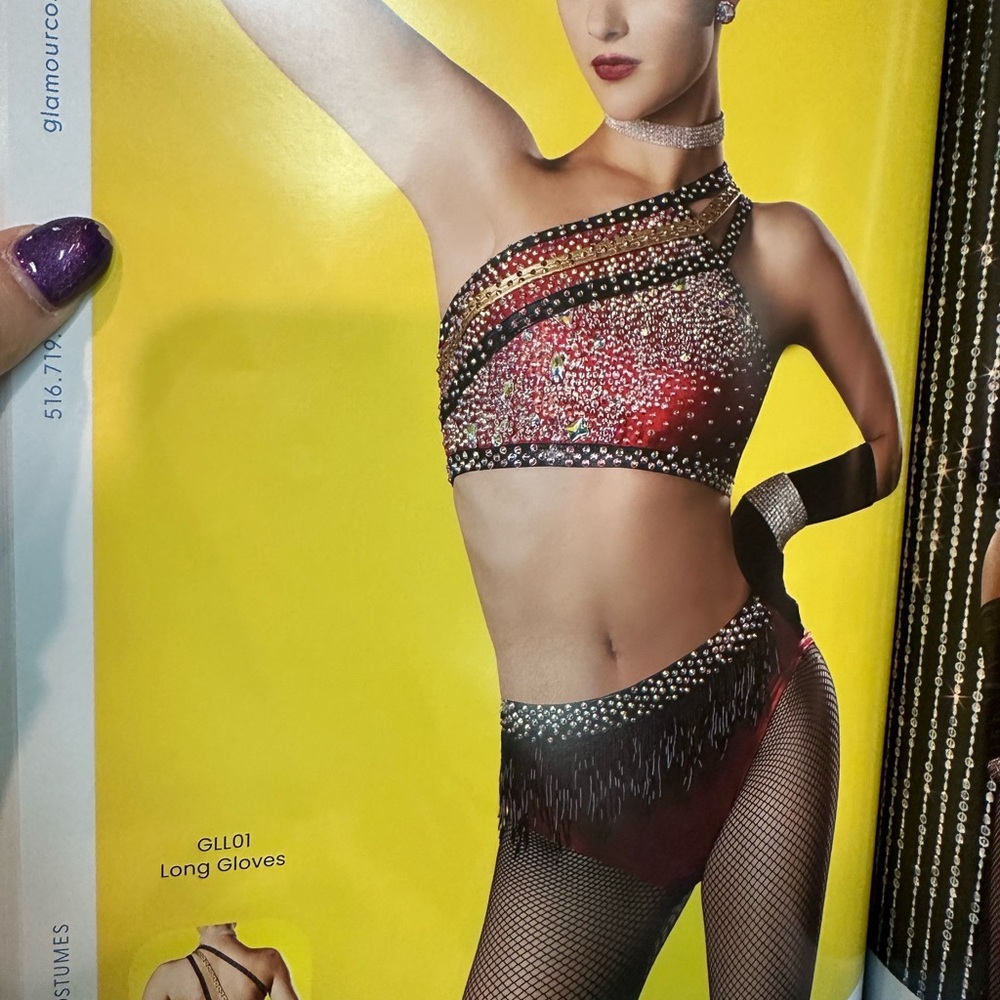 Red and Black Dance Costume with Rhinestones